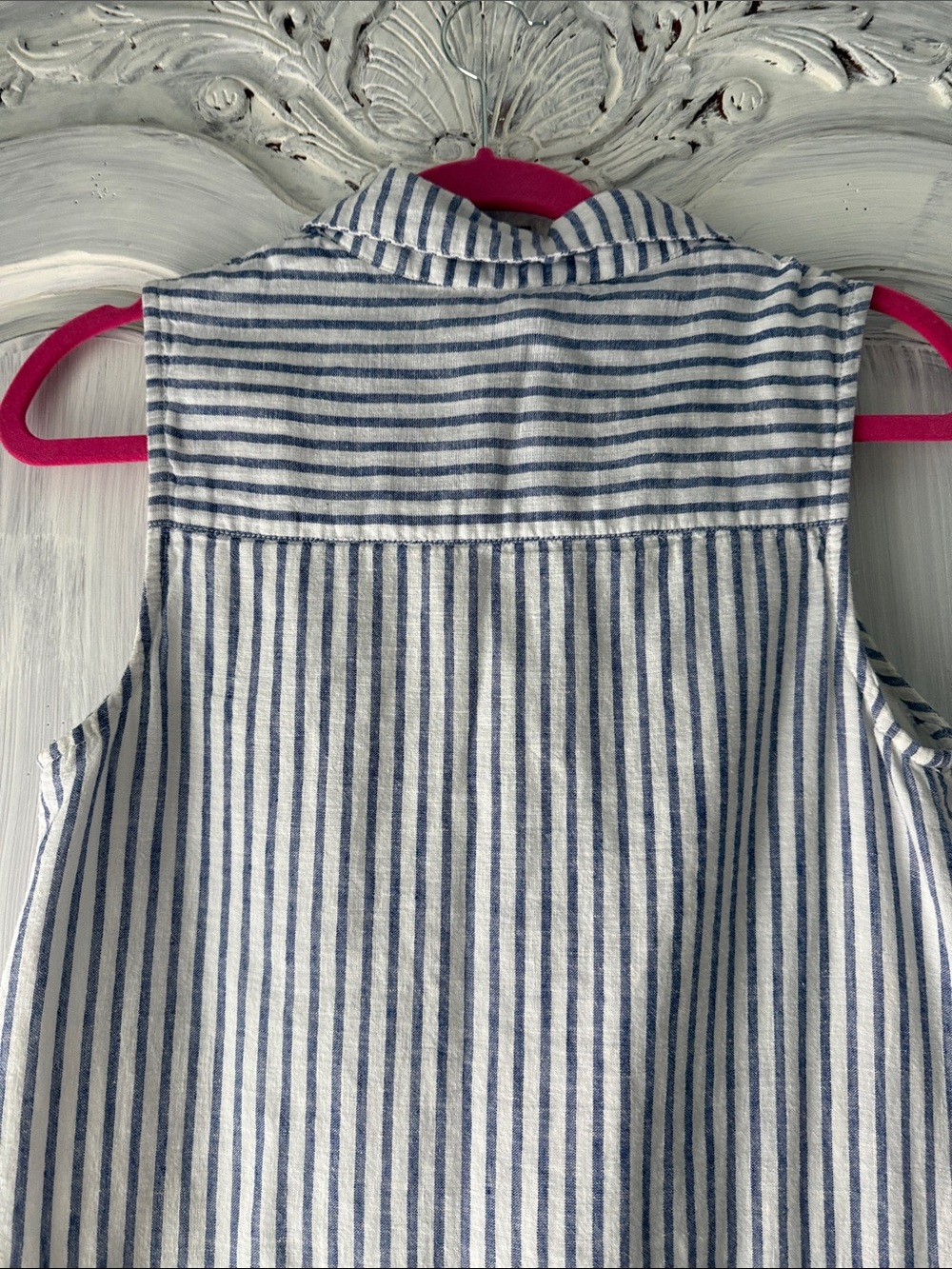 BEACH LUNCH LOUNGE SLEEVELESS 100% Cotton & Linen Blue Stripe ButtoN Dress Med - Picture 6 of 11